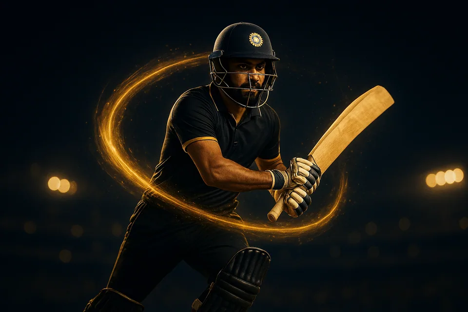 Reddy Books hero - cricketer playing a cover drive under floodlights
